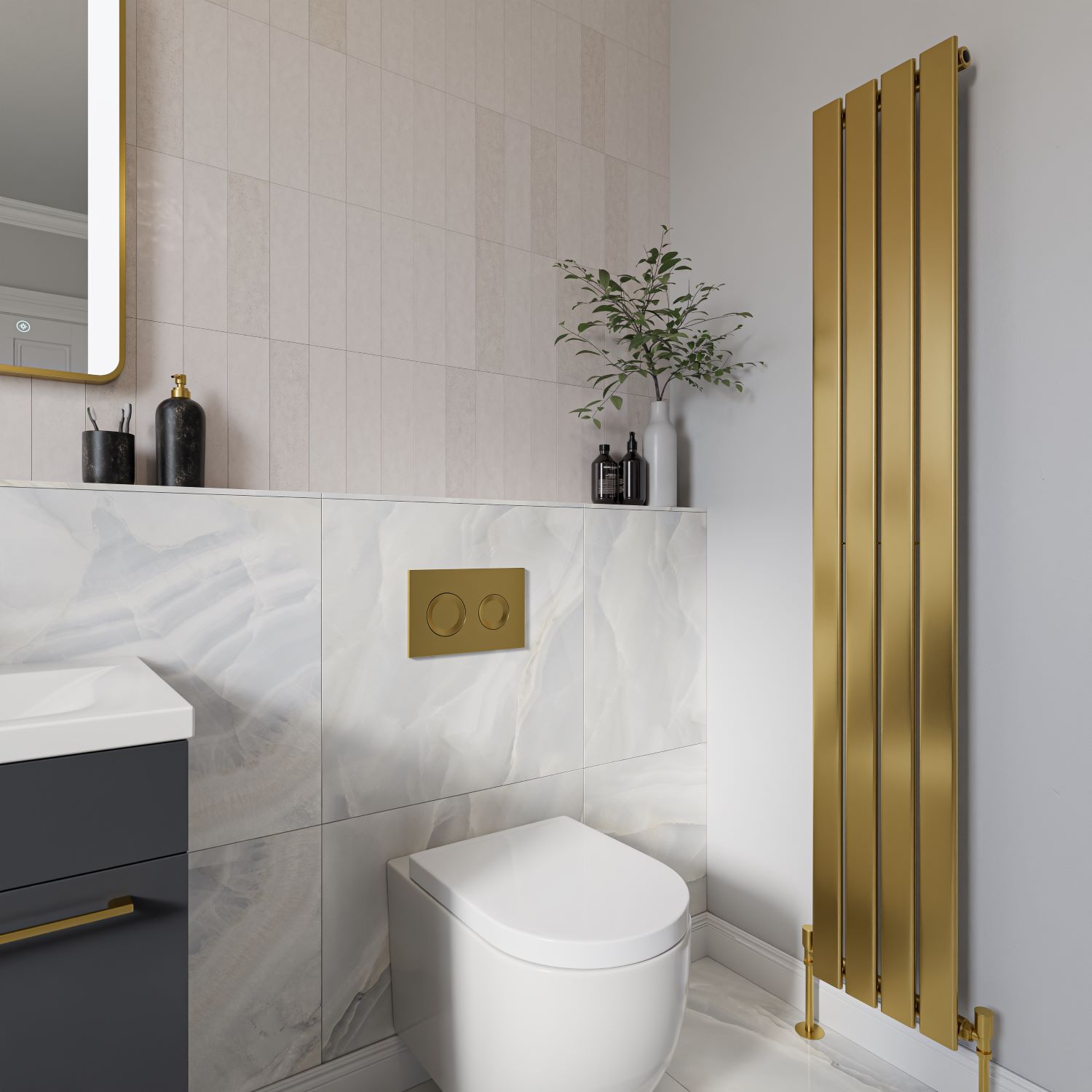 Brushed brass vertical radiator in bathroom