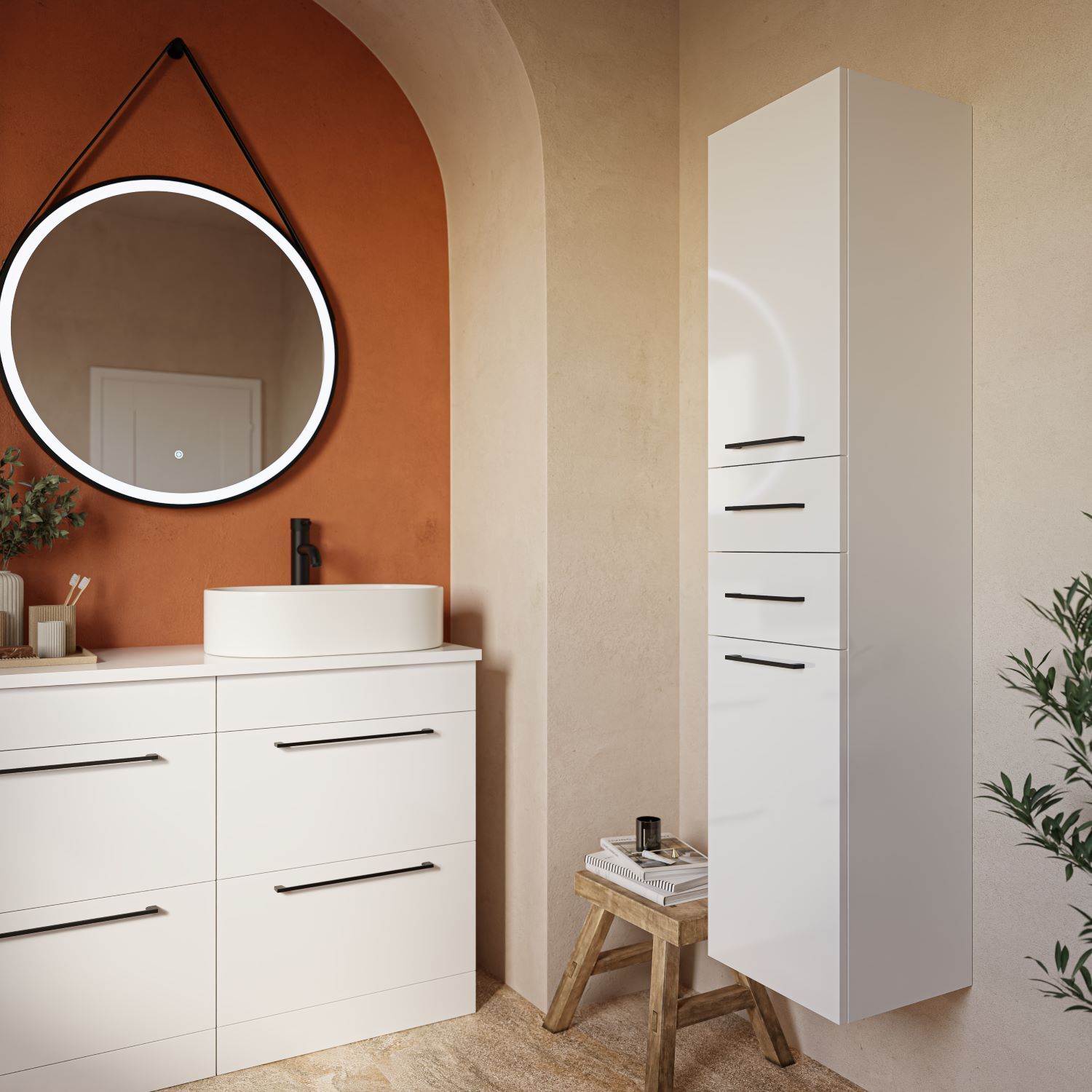 bathroom storage solutions with basin unit and wall hung storage