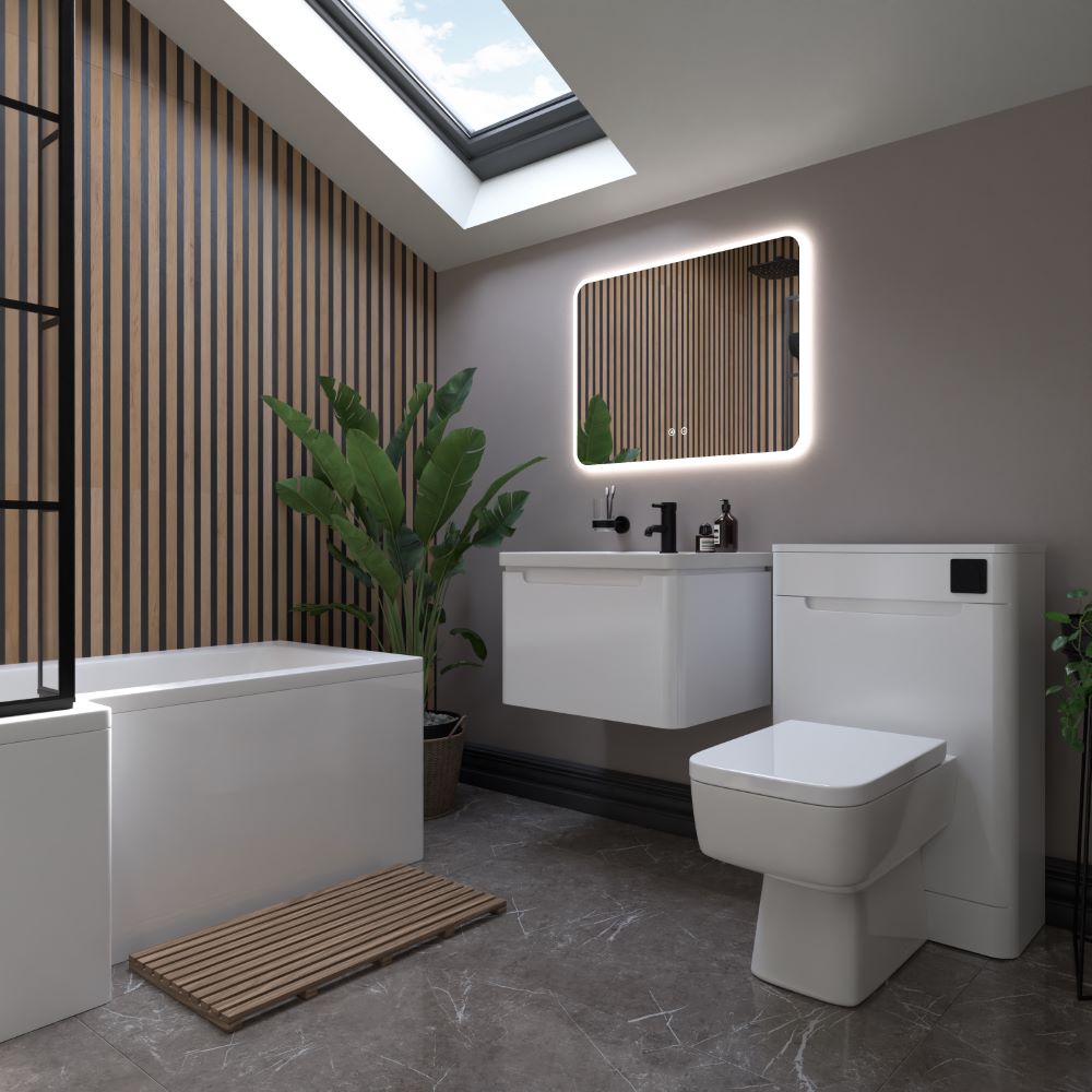 Modern bathroom with grey porcelain floor tiles in a marble effect