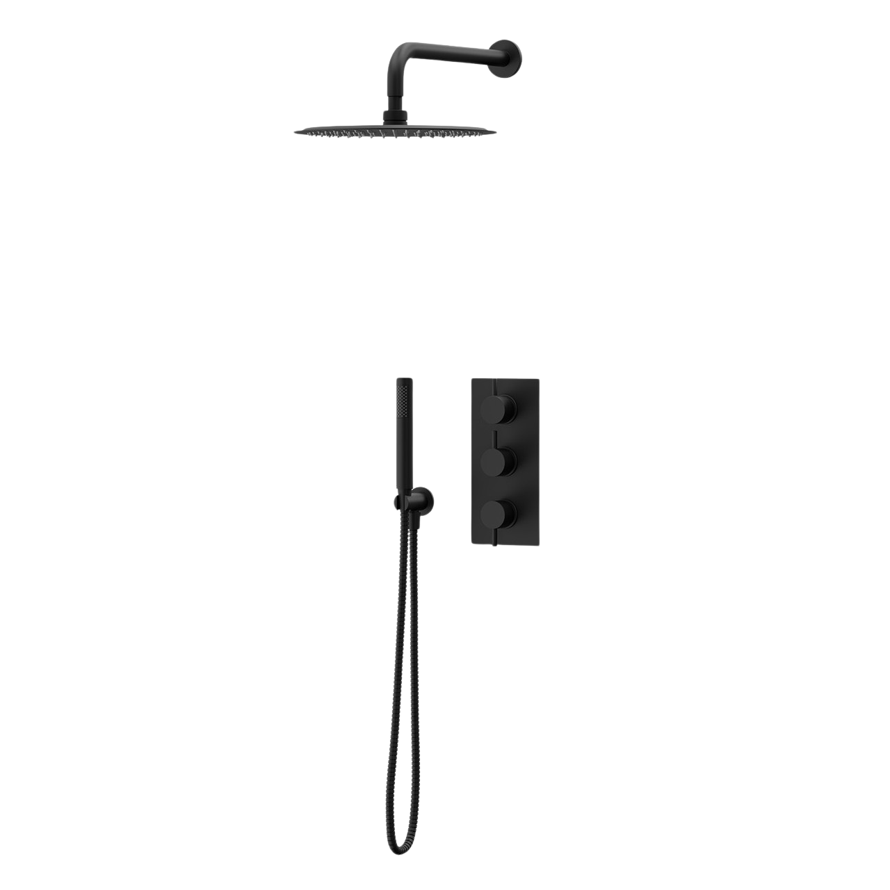 Matt black thermostatic mixer shower with fixed round head, handset and controls