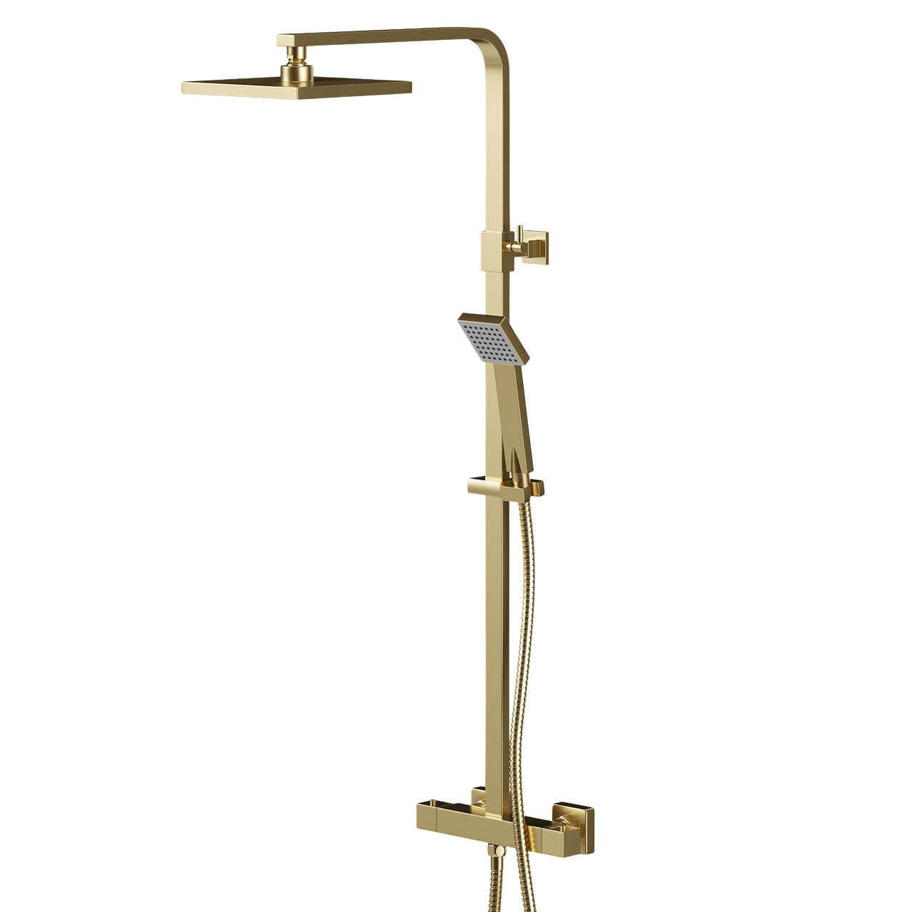 Brushed brass rigid riser shower with handset and concealed valves