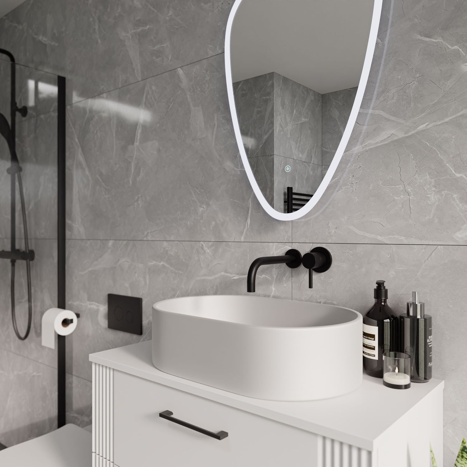 White counter top basin with wall mounted matt black tap