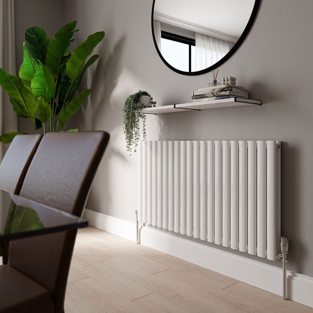 A white designer style radiator in the dining room