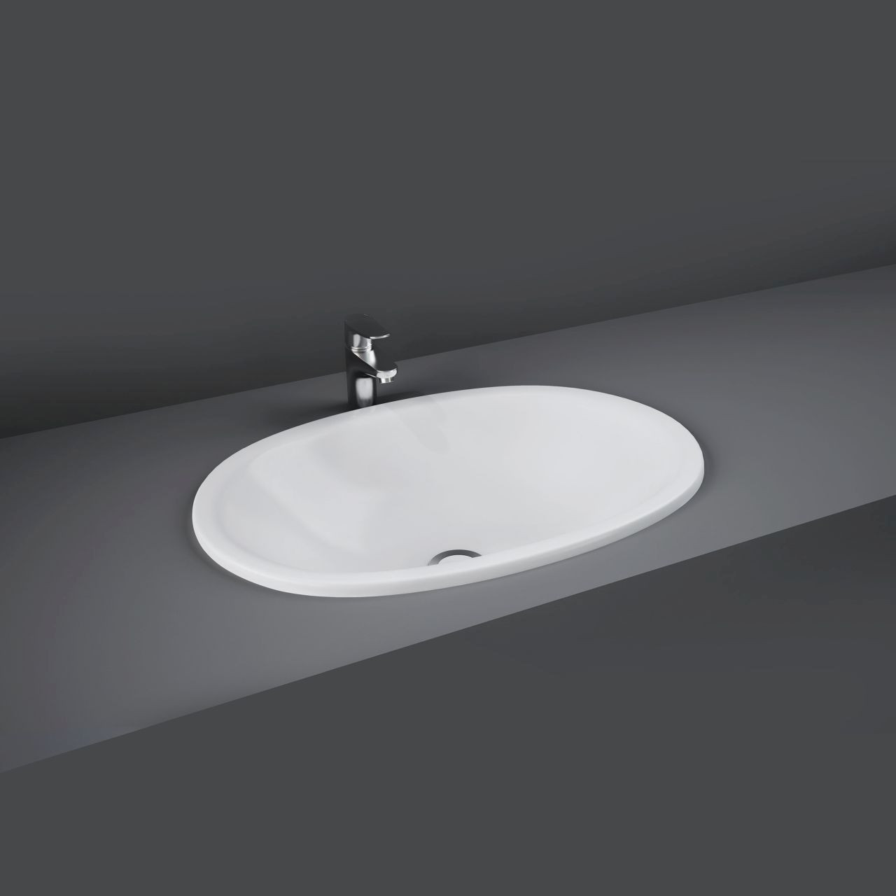 White oval inset basin with chrome deck mounted tap