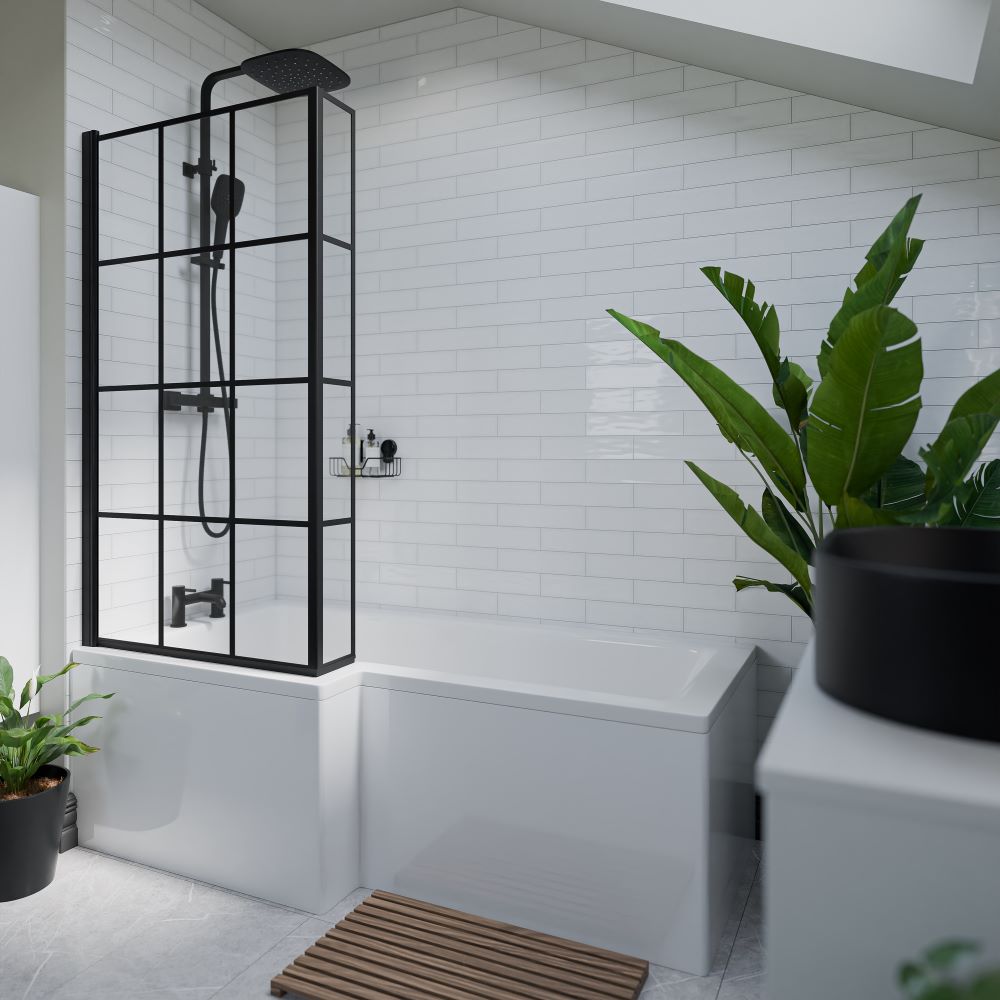 L shaped shower bath with black grid shower screen, black shower and white subway tiles