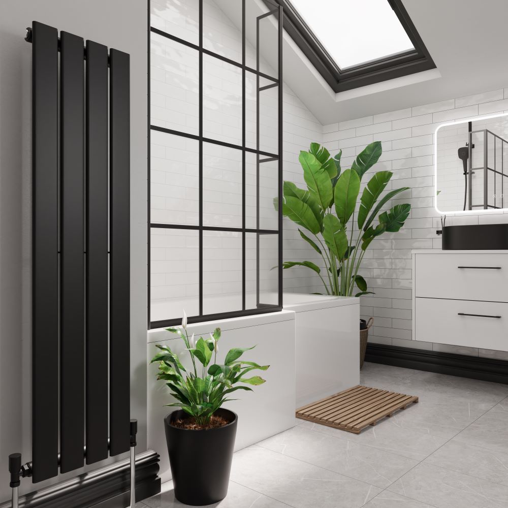 Matt black column radiator in bathroom setting