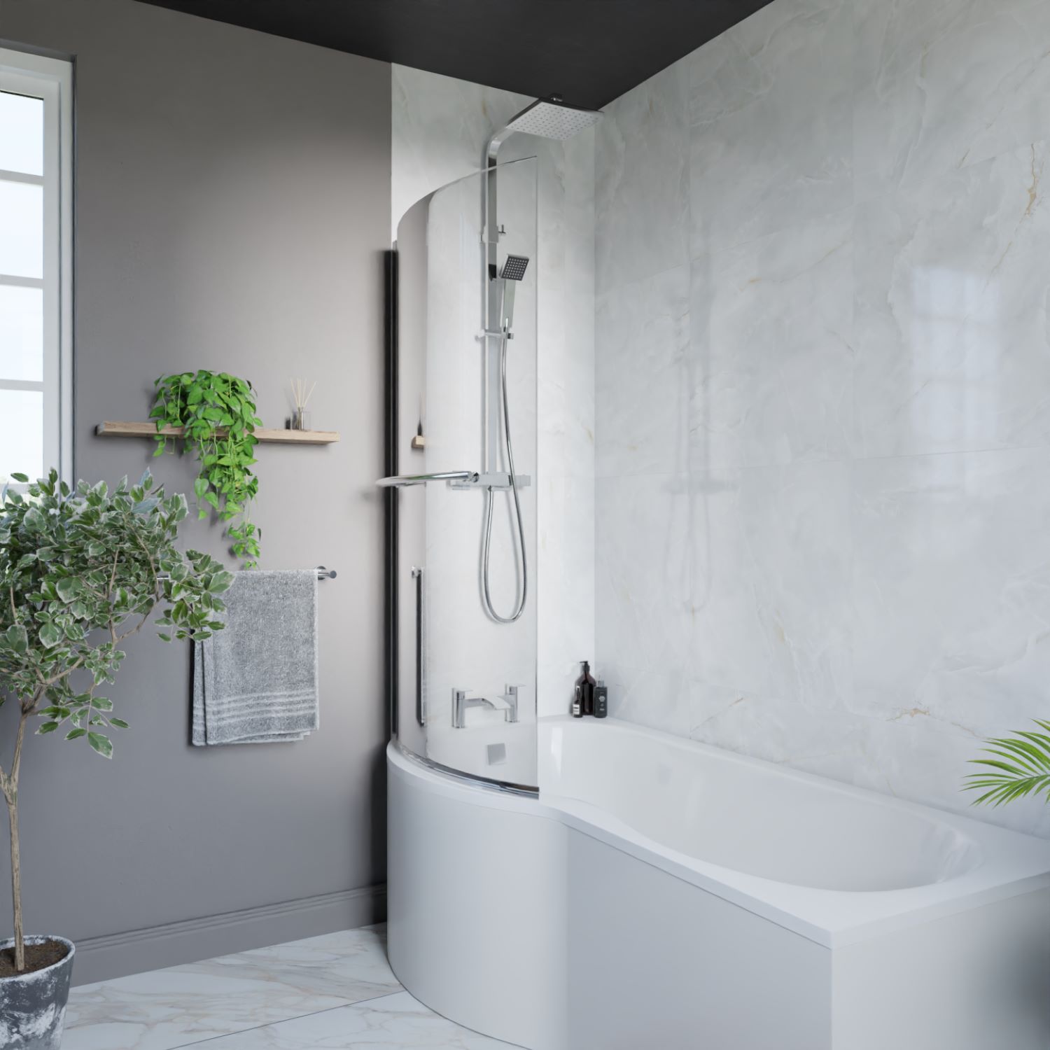 P shaped bath with marble wall panels, curved shower screen and chrome shower and tap