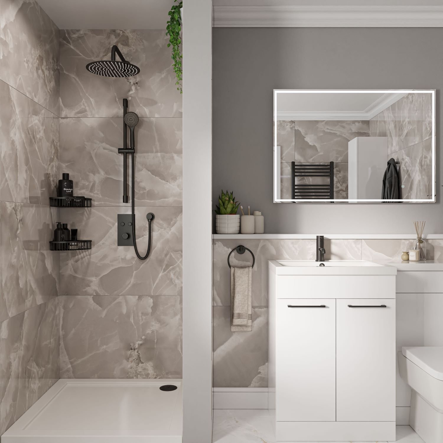 Marble tiled bathroom with black shower, wall divider and sink unit