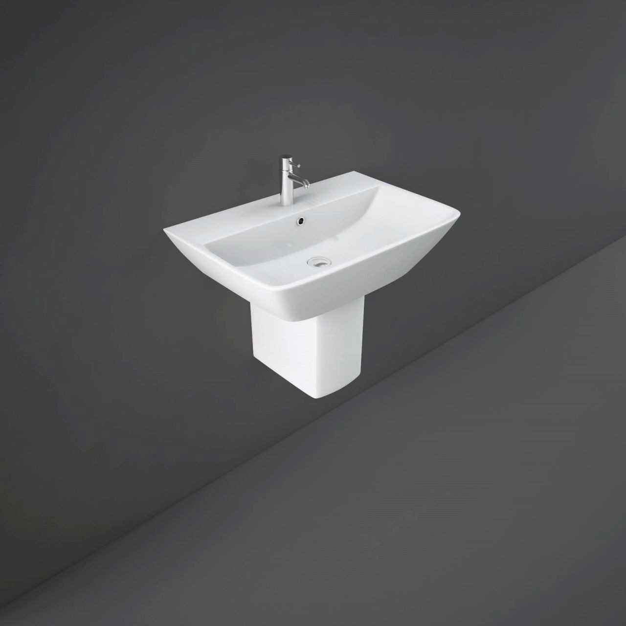 White semi pedestal basin with chrome tap