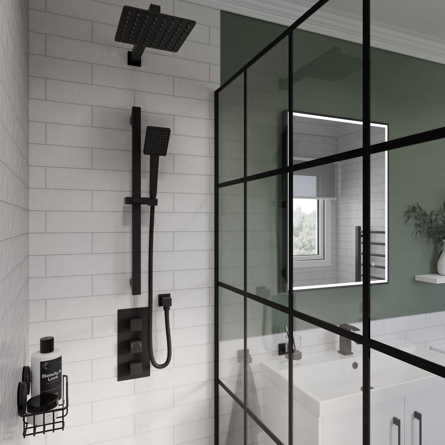 Matt black square shower with fixed head and handset, white metro tiles and a black square shower screen