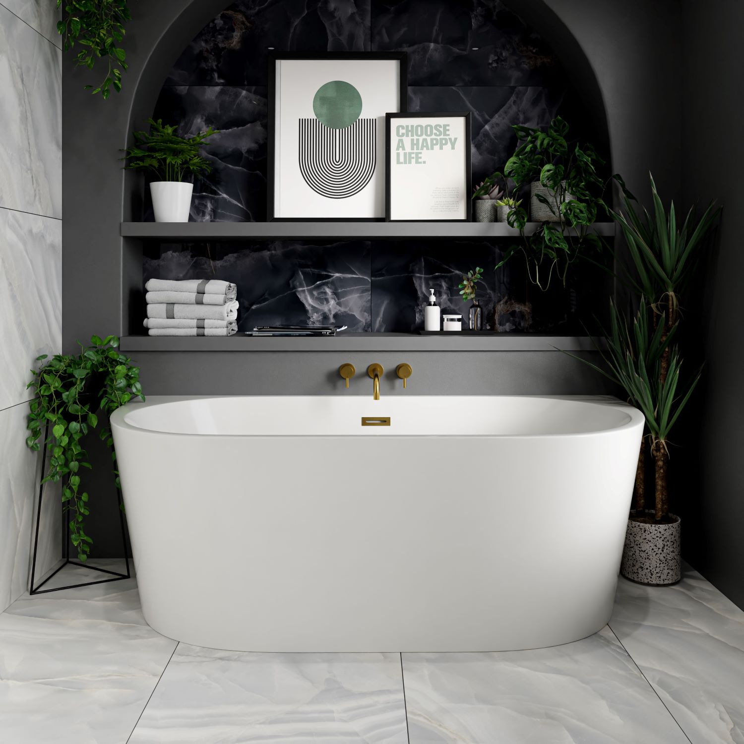 Modern bathroom with freestanding bath and brass taps