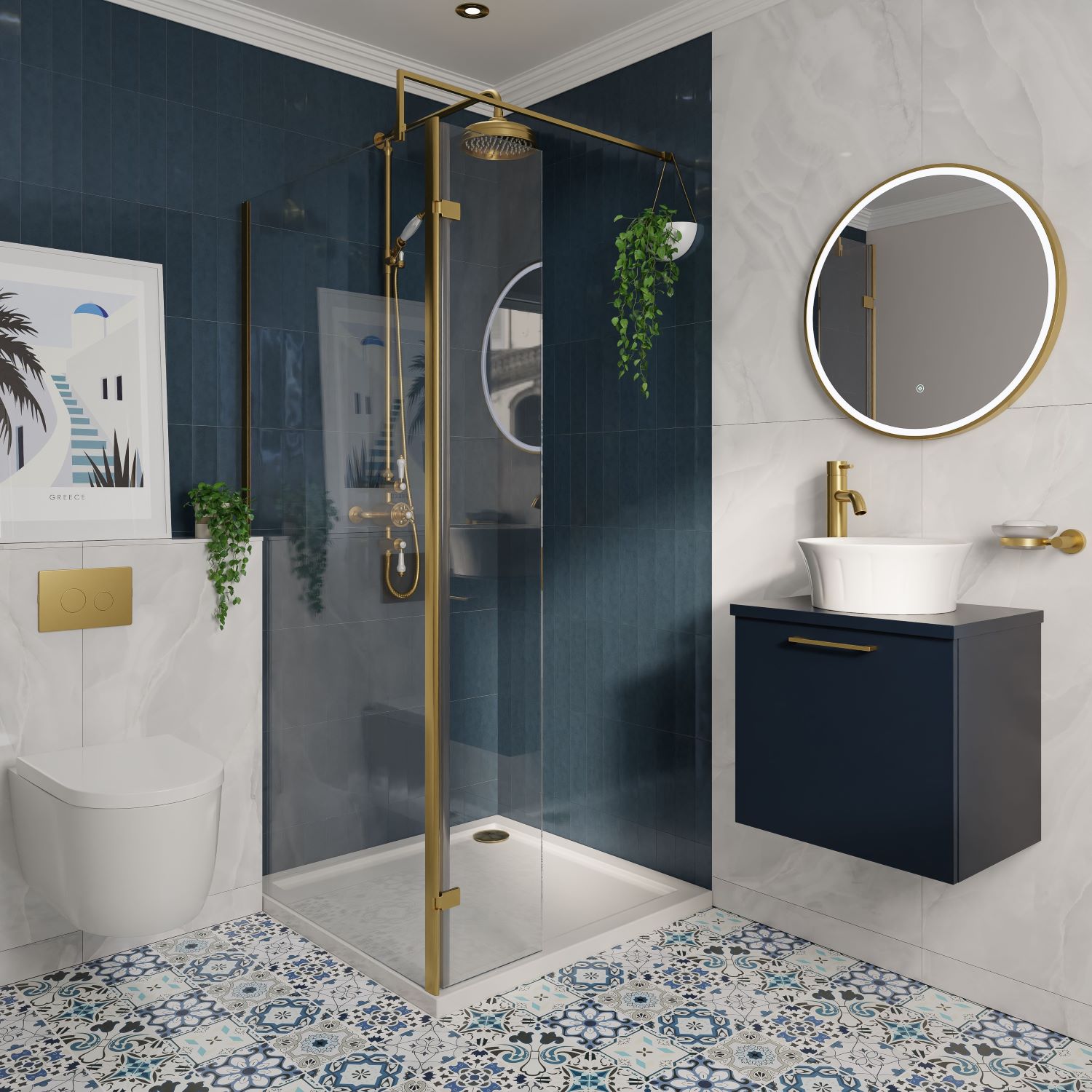 Modern bathroom with brushed brass shower and accessories, navy wall hung unit with countertop basin, and blue patterned flooring