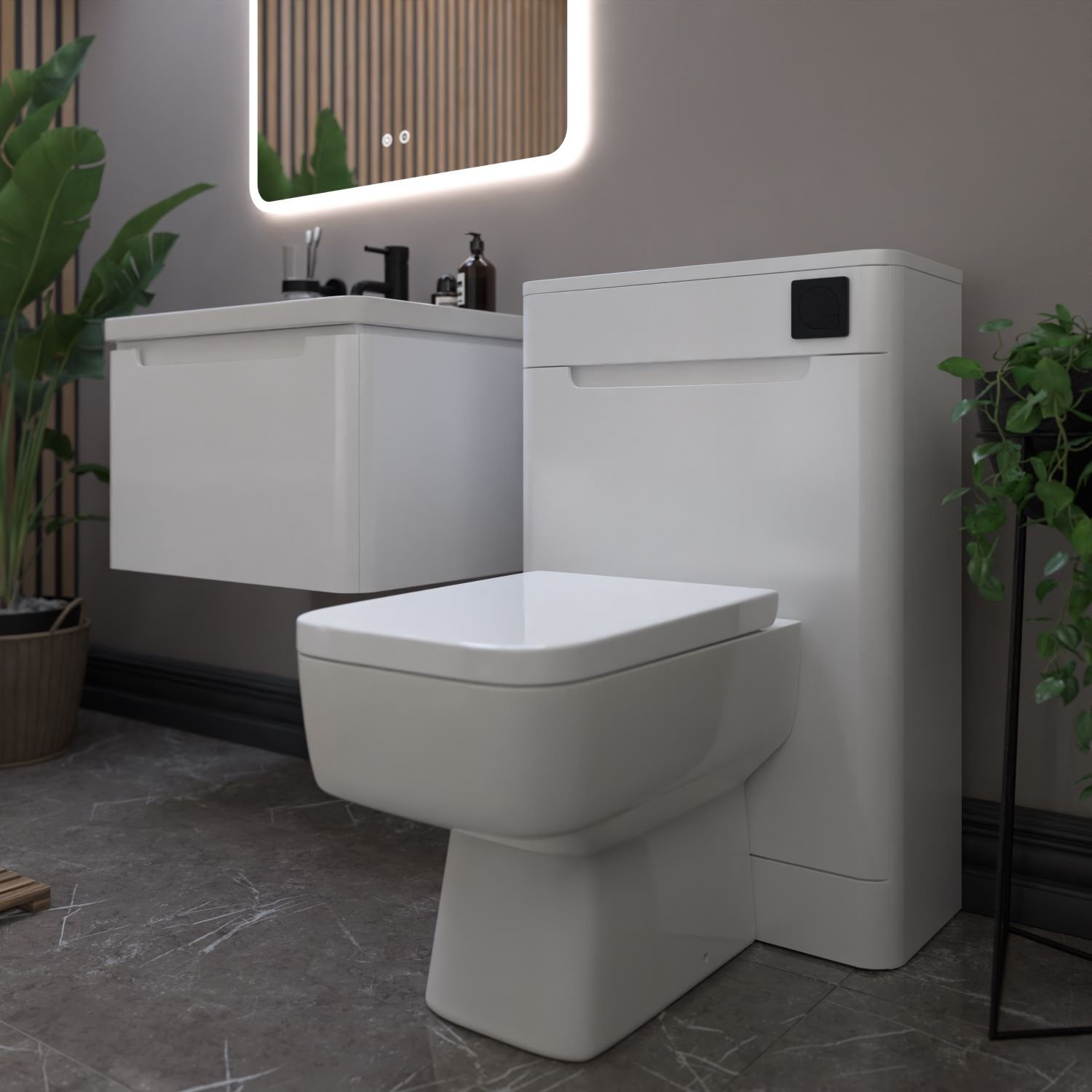 Close coupled toilet seat with white WC unit and vanity