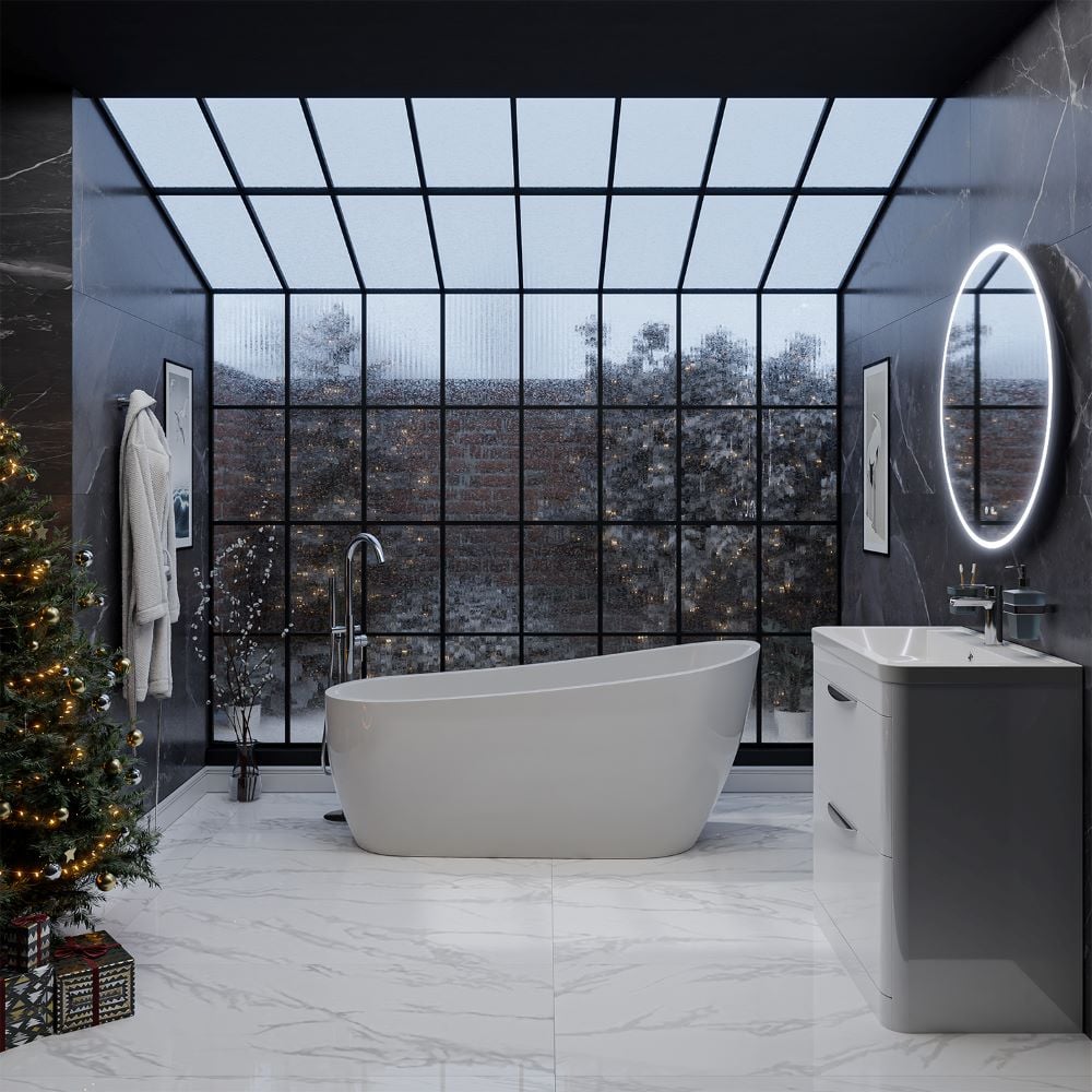 Festive bathroom scene with glass window, christmas tree and freestanding bathtub